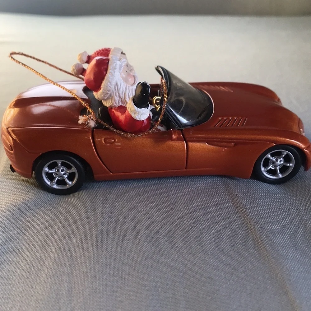 Vintage Maisto Dodge Orange convertible car Santa Claus & Elf Christmas ornament